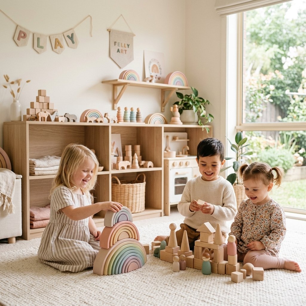 Happy Children Playing Wooden Blocks